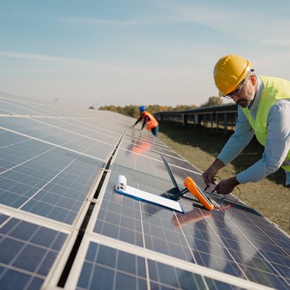 Vraag een inspectie aan Inspecteur voert een veiligheidskeuring uit van een zonnepaneelinstallatie.