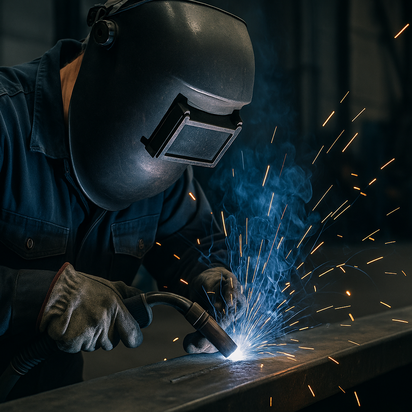 Vraag een offerte aan bij TÜV NORD voor ISO9606 certificering Lasser voert laswerkzaamheden uit met beschermende laskap, vonken zichtbaar tijdens industrieel lasproces.