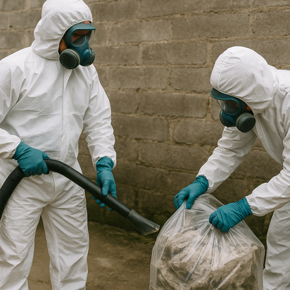 Vraag een offerte aan bij TÜV NORD voor asbestverwijdering Personen in beschermende kleding tijdens het uitvoeren van asbestverwijdering