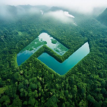 Vraag een offerte aan bij TÜV NORD voor Sustainable Material Inventory (SMI) Luchtfoto van een bosgebied met een waterpartij in de vorm van een groen symbool.