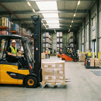 Vraag een offerte aan Inspecteur voert een keuring uit van hijs- en hefmiddelen in een magazijn.