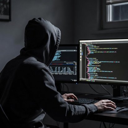 Vraag een offerte aan bij TÜV NORD voor ISAE 3402 rapport (SOC 1) Persoon met capuchon achter computerinstallatie als illustratie van cyberdreiging of hacking.