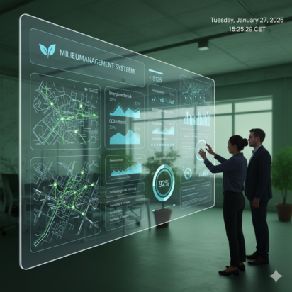 Vraag een offerte aan bij TÜV NORD voor ISO4001 certificering Digitaal milieumanagementsysteem met dashboards voor energieverbruik. AI gegenereerd.
