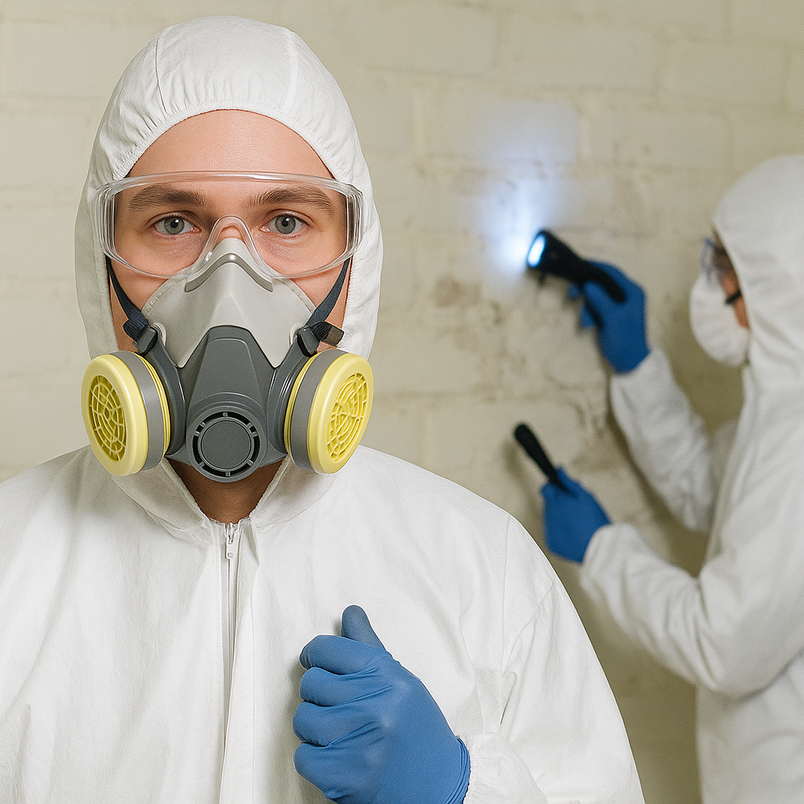 Contact opnemen met TÜV NORD Persoon in beschermende kleding en ademmasker tijdens een asbestinspectie.