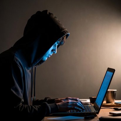 Vraag een offerte aan bij TÜV NORD voor ISO 22301 certificering Persoon met capuchon achter laptop als illustratie van cyberdreiging of hacking.