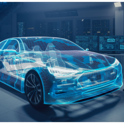 Vraag een offerte aan bij TÜV NORD voor ISO 21434 certificering Digitale 3D-visualisatie van een auto met transparante carrosserie en technische data, ter illustratie van automotive inspectie en certificering. AI gegenereerd