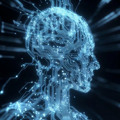 Vraag een offerte aan bij TÜV NORD voor ISO 42001 certificering Digitale weergave van een menselijk hoofd opgebouwd uit lichtgevende circuits en datalijnen.