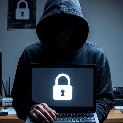 Vraag een offerte aan bij TÜV NORD voor ISO27001 certificering Persoon met capuchon achter laptop als illustratie van cyberdreiging of hacking. AI gegenereerd