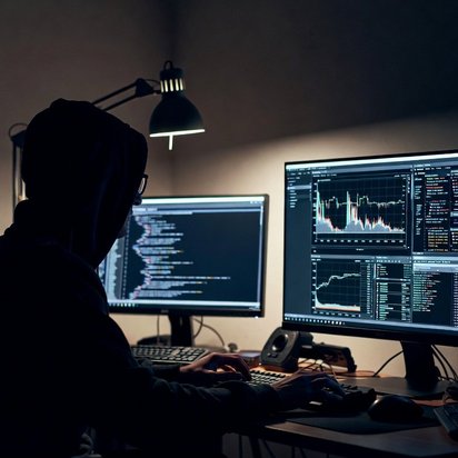 Vraag een offerte aan bij TÜV NORD voor Cyber Rating (CYRA) Persoon met capuchon achter laptop als illustratie van cyberdreiging of hacking.