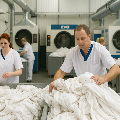 Vraag een offerte aan bij TÜV NORD voor CERTEX certificering Medewerkers verwerken en sorteren linnengoed in industriële wasserij met grote wasmachines.