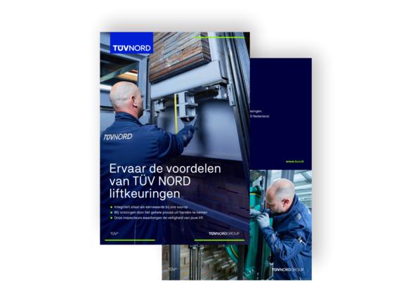 Download brochure liftkeuringen Cover van de brochure over TÜV NORD liftkeuringen en inspecties.